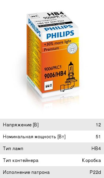 Лампа HB4 12V 51W «Philips» (+30% света 9006PRC1