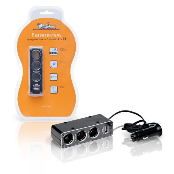 Разветвитель 3-гнезда + USB AirLine ASP3U07