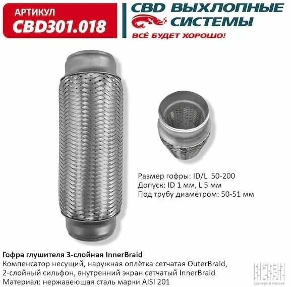 Гофра глушителя 50 x 200 3х-слойная Innerbraid CBD301018