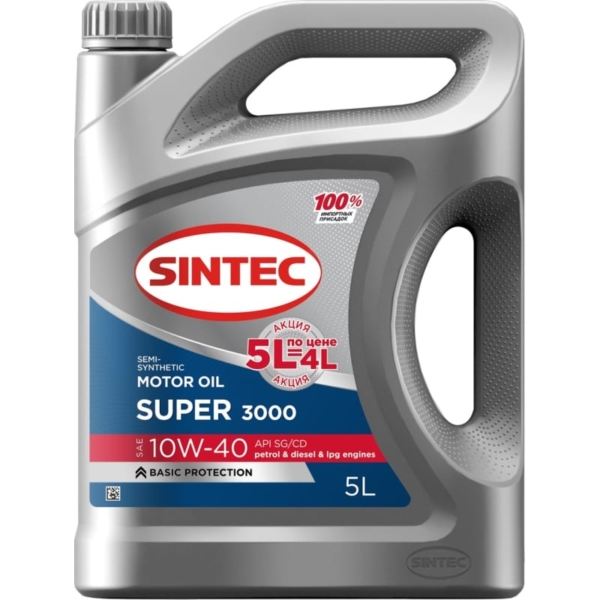 Масло моторное Sintec 10W-40 Super 3000 SG/CD п/синтетическое 5л Акция 5л по цене 4л / 10W40