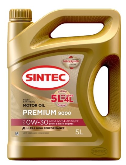 Масло моторное Sintec 0W-30 Premium 9000 A3/B4 SP/CF синтетическое 5л Акция 5л по цене 4л / 0W30