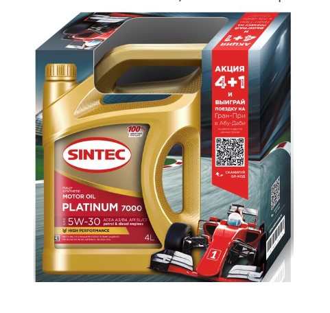 Масло моторное Sintec 5W-30 Platinum 7000 A3/B4 синтетическое 4л АКЦИЯ 4 +1 / 5W30