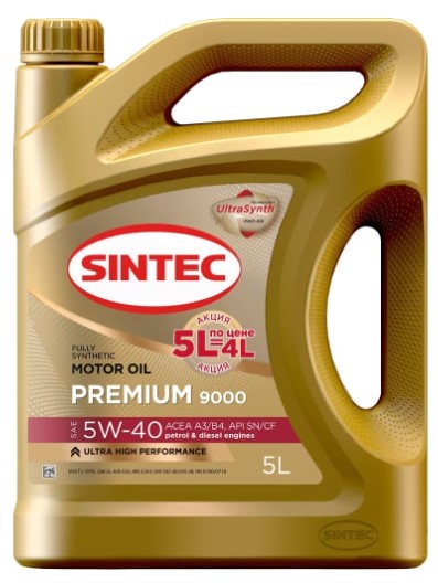 Масло моторное Sintec 5W-40 Premium 9000 A3/B4 SN/CF синтетическое 5л Акция 5л по цене 4л / 5W40