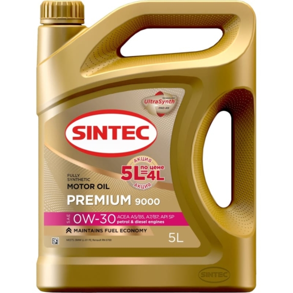 Масло моторное Sintec 0W-30 Premium 9000 A5/B5 SP синтетическое 5л Акция 5л по цене 4л / 0W30