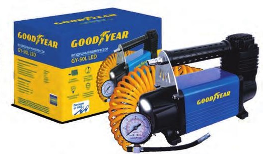 Компрессор GoodYear GY-50L LED 50 л/мин с фонарем питание от АКБ съемный витой шланг