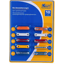 Предохранители цилиндрические для а/м ВАЗ 2101/08 KRAFT 10 шт., 2х5А, 2х8А, 2х16А, 2х20А, 2х25А